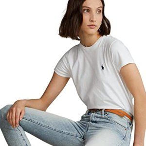 Ralph Lauren Polo Women's White Custom Fit Tee Shirt With Blue Logo Size S EUC